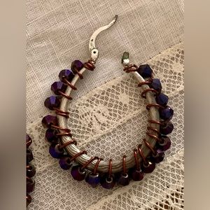 925 Silver Copper Wire Wrapped Hoop Earrings Iridescent Purple Dark Blue Beads